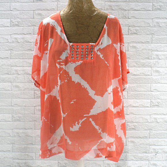 ASHLEY STEWART Top Sheer Giraffe Studded Neckline Peach Orange Plus Size 14 - Picture 1 of 12